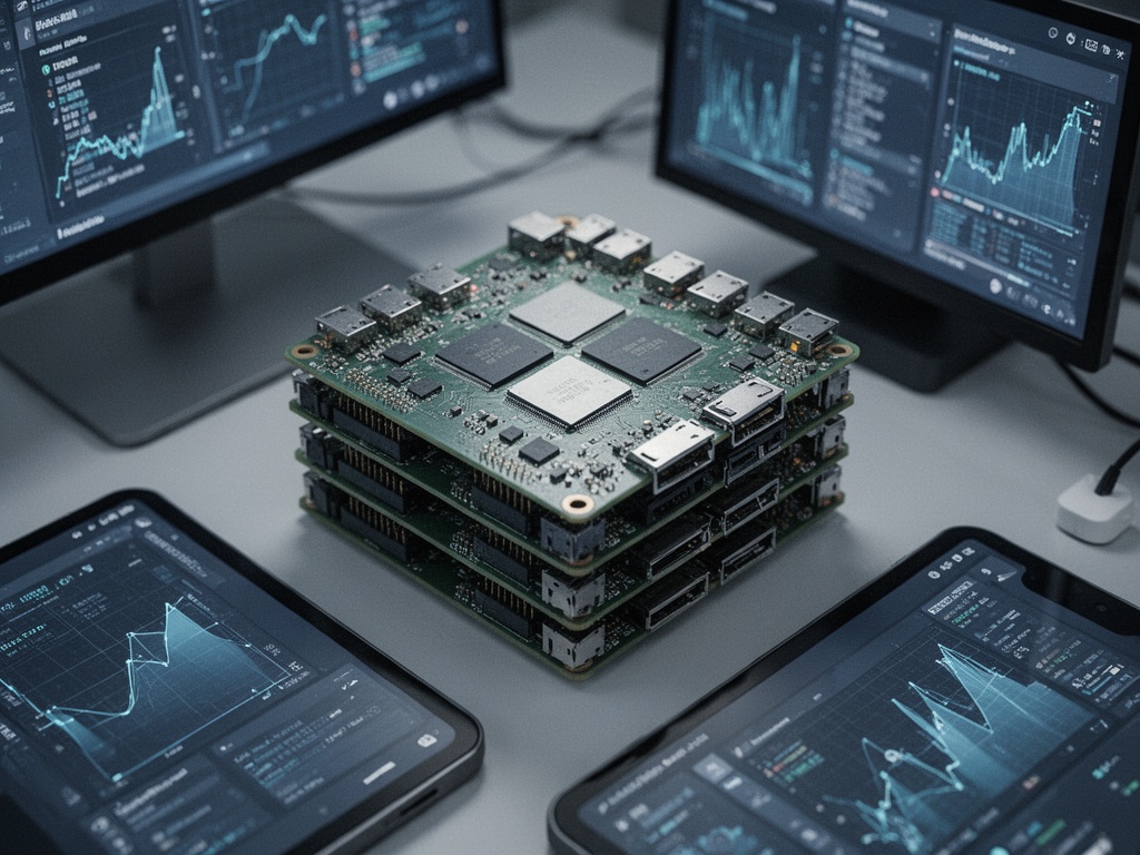 AI data center server infrastructure with multiple circuit boards stacked, representing global demand surge for advanced computing chips.