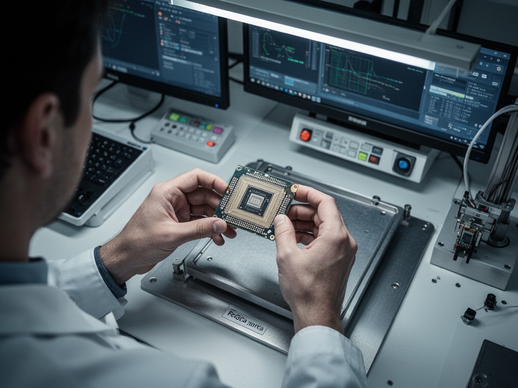 Close-up of hands carefully handling a delicate FC-BGA semiconductor substrate module over a precision manufacturing workstation.