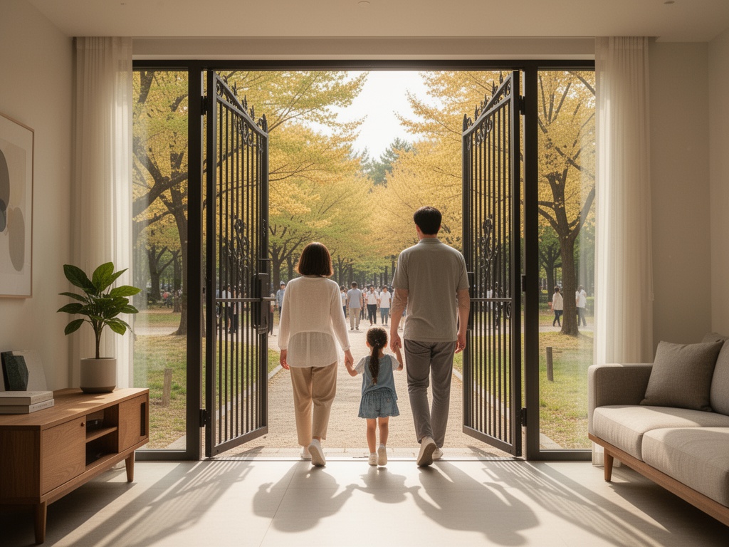 Happy family entering the park gates during early high season with fewer crowds visible, having saved money through strategic timing.