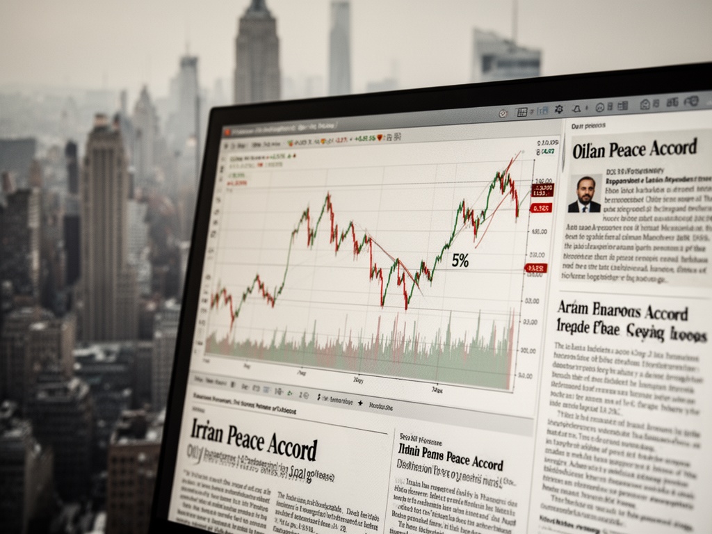 Oil price chart showing sharp 5% decline on a financial analyst's monitor, with Iranian peace accord headlines visible.