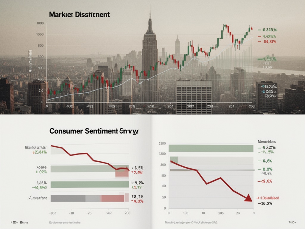 Contrast split-screen: rising stock charts above, consumer sentiment survey data declining below, symbolizing market disconnect.