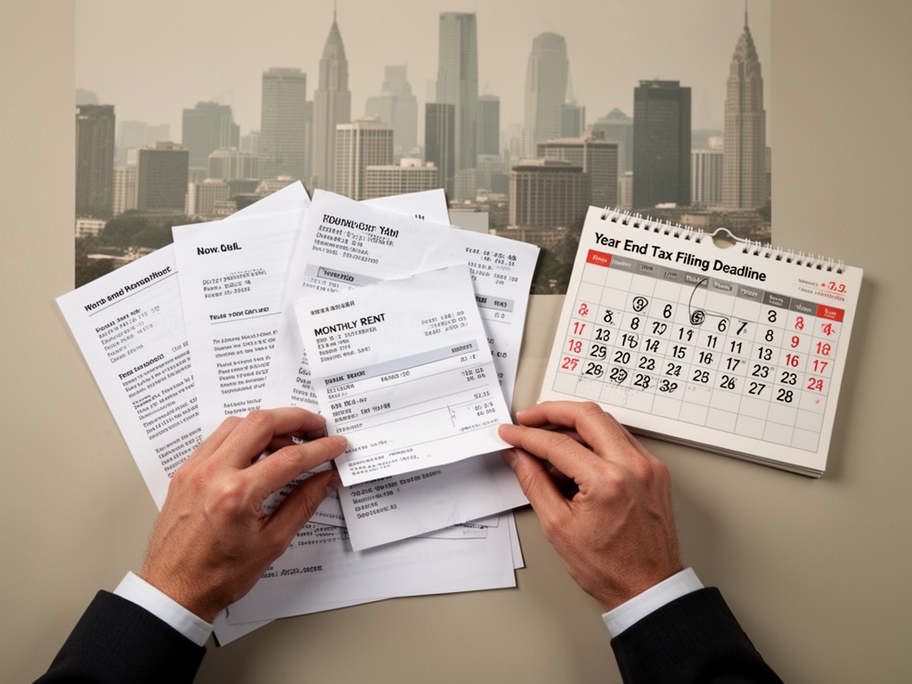 Hands arranging monthly rent transfer receipts and rental contract copies next to a calendar marking the year-end tax filing deadline.