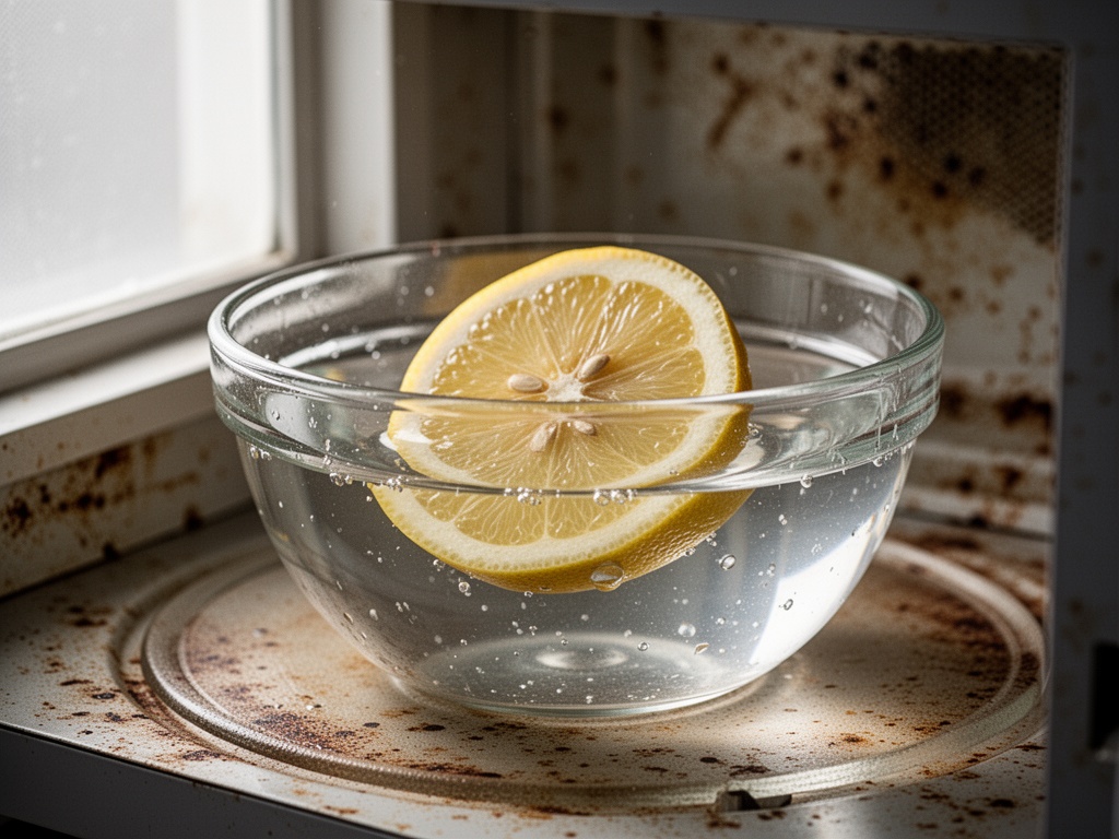 Cut lemon half and water in a heat-safe glass bowl positioned inside a grimy microwave cavity.