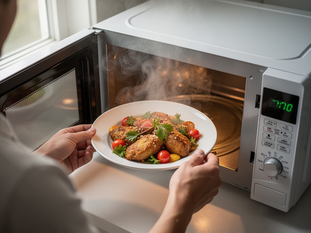 Hands opening microwave door after heating cycle, steam billowing out from the interior chamber.