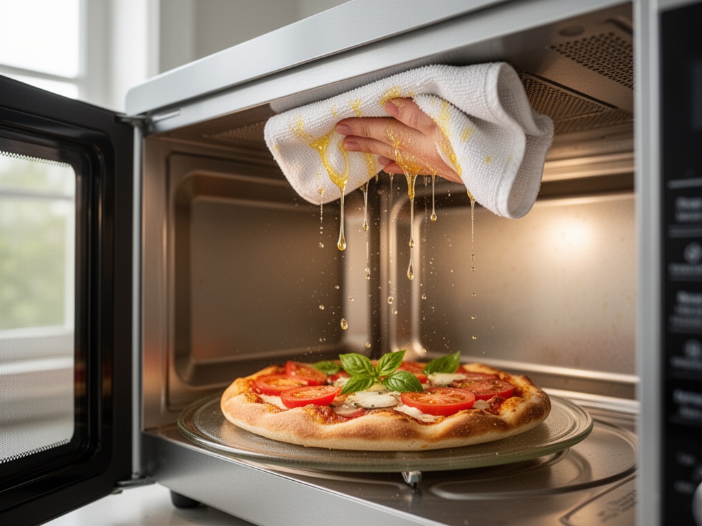 Dry kitchen towel wiping the microwave ceiling and walls, with loosened oil residue lifting away easily.