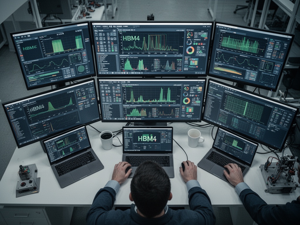 Engineers monitoring real-time production data on large control room displays tracking HBM4 chip output metrics.