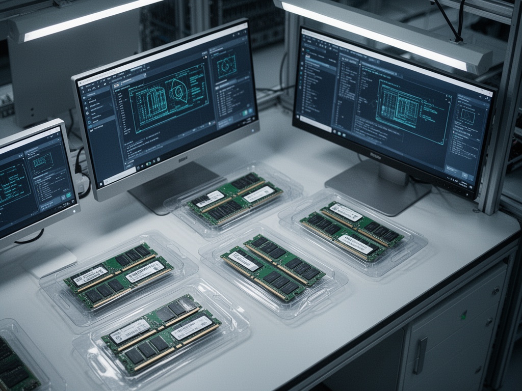 Finished memory modules packaged in clean room environment ready for AI server infrastructure deployment.