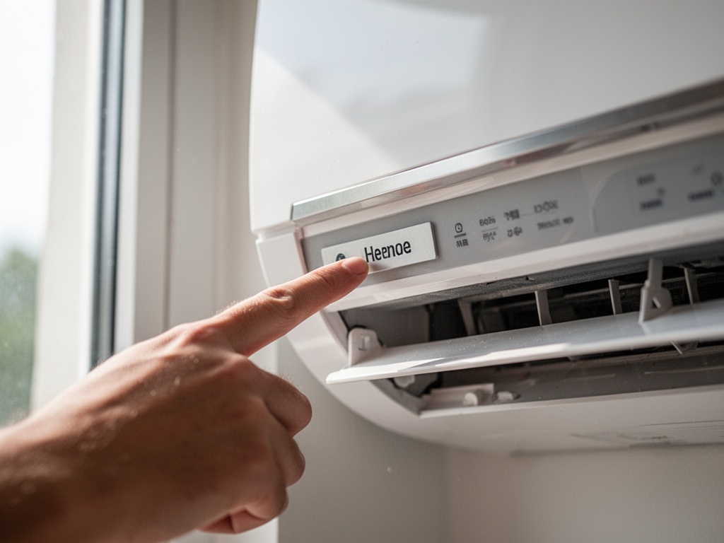 Hand pointing to the nameplate on the side or back panel of an installed indoor air conditioning unit.