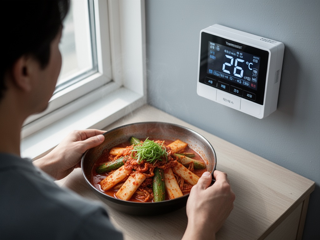 Thermostat display set to 26°C with the unit running continuously in a cool Korean home interior.