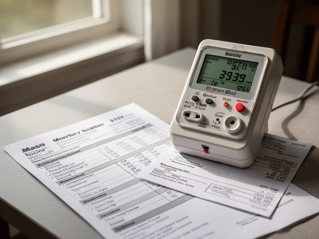 Electric meter and monthly bill document on a table showing reduced kilowatt-hour consumption and lower charges.