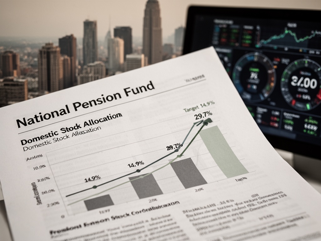 National Pension Fund document with percentage charts showing domestic stock allocation climbing from target 14.9% to actual 29.7%.