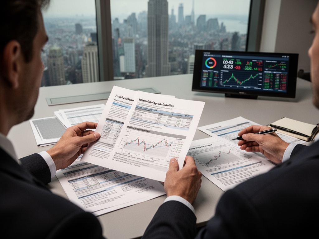 Hands reviewing financial statements and rebalancing decision papers on conference table during fund committee meeting.