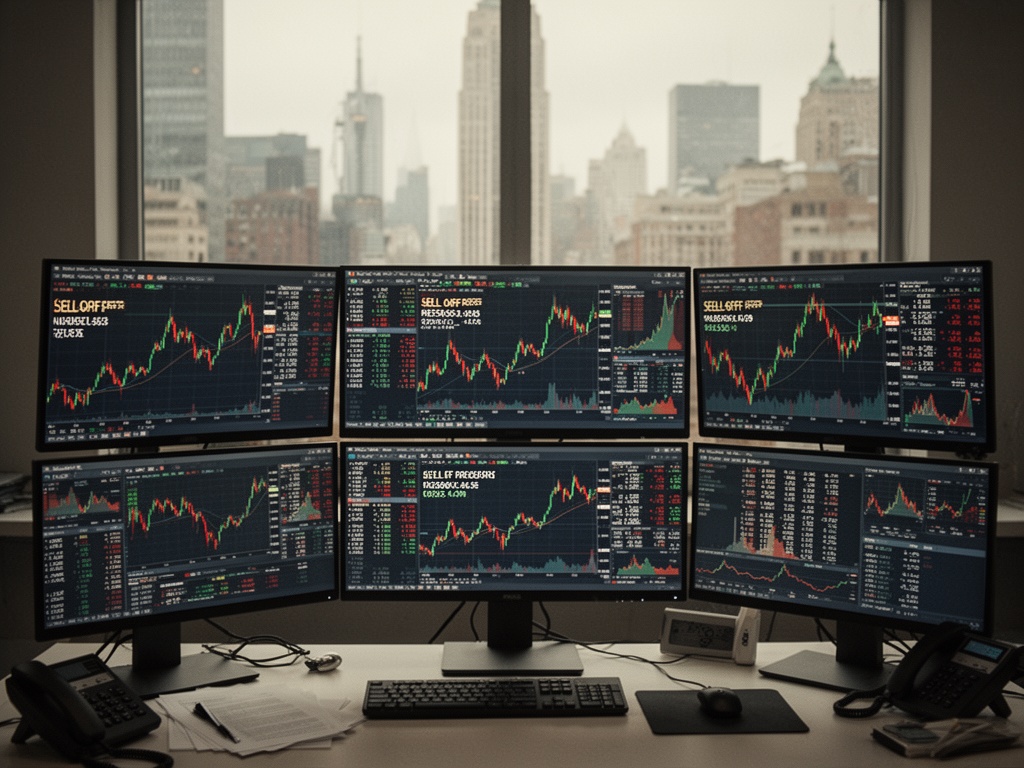 Trading floor screens displaying sell-off pressure metrics and market reaction data flowing across multiple monitors simultaneously.