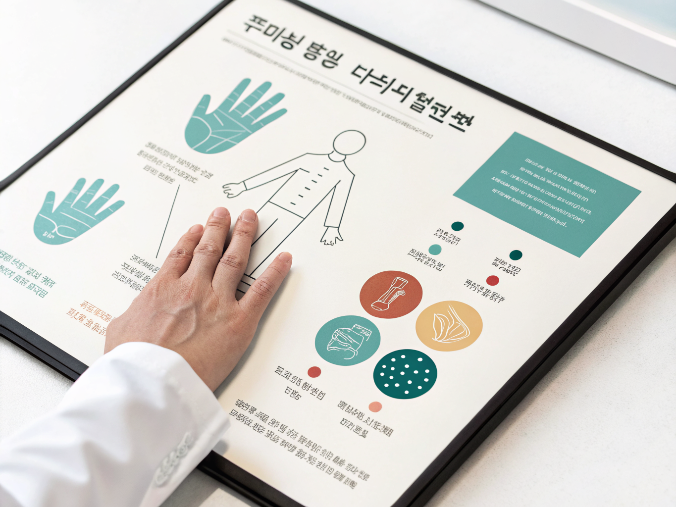 Clinical examination demonstrating active finger flexion test with wrist extension and two-point discrimination sensory assessment on fingertip.