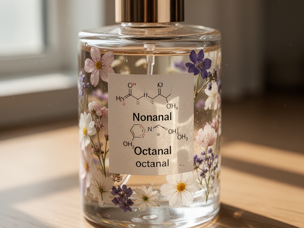 Close-up of floral perfume bottle with chemical compound labels showing nonanal and octanal ingredients.