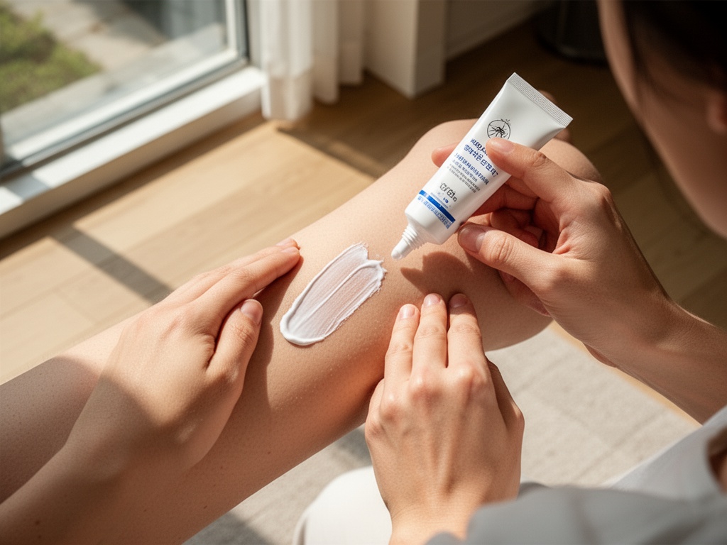 Hands applying unmarked mosquito repellent cream directly onto skin after fragrance-free moisturizer.