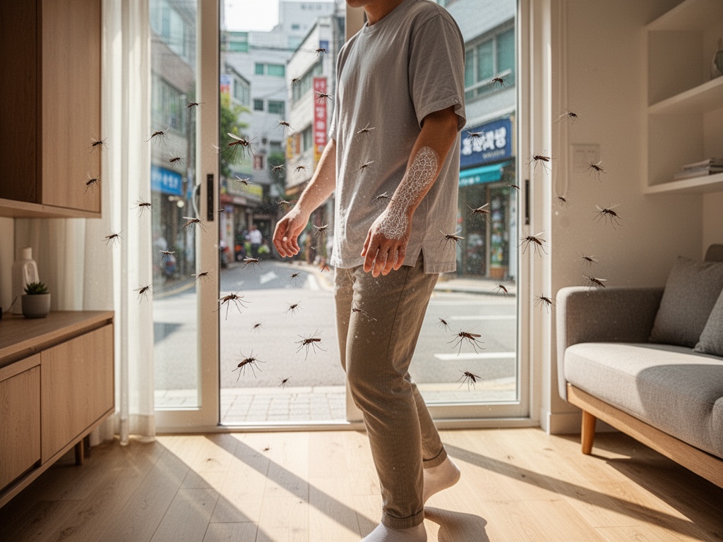 Person stepping outside into Seoul summer street with mosquitoes circling, protected by proper repellent application.
