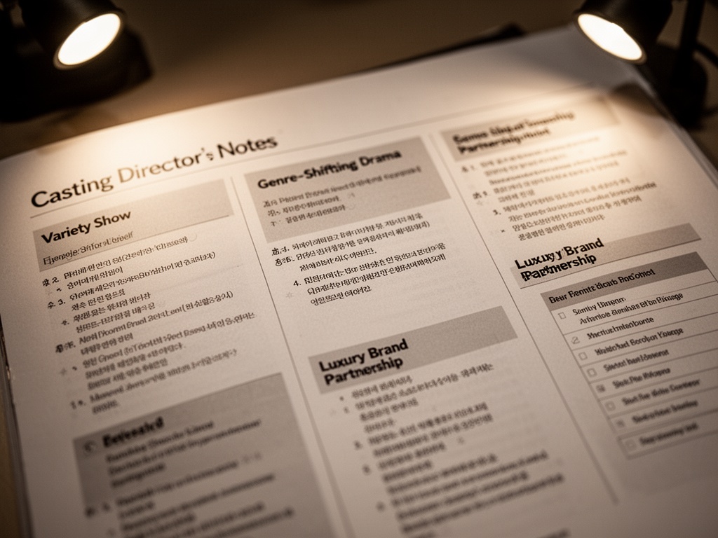 A casting director's notes showing three separate project briefs: variety show, genre-shifting drama, and luxury brand partnership contracts.