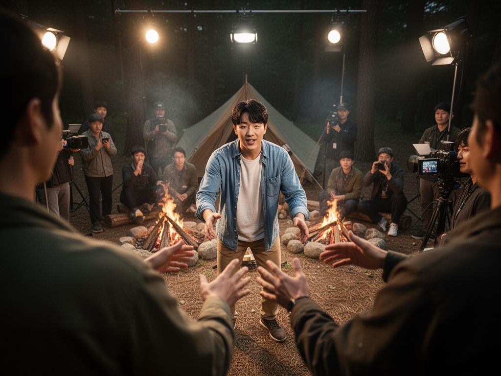 Behind-the-scenes moment of an actor in casual clothes participating in an unscripted campsite activity with crew members watching.