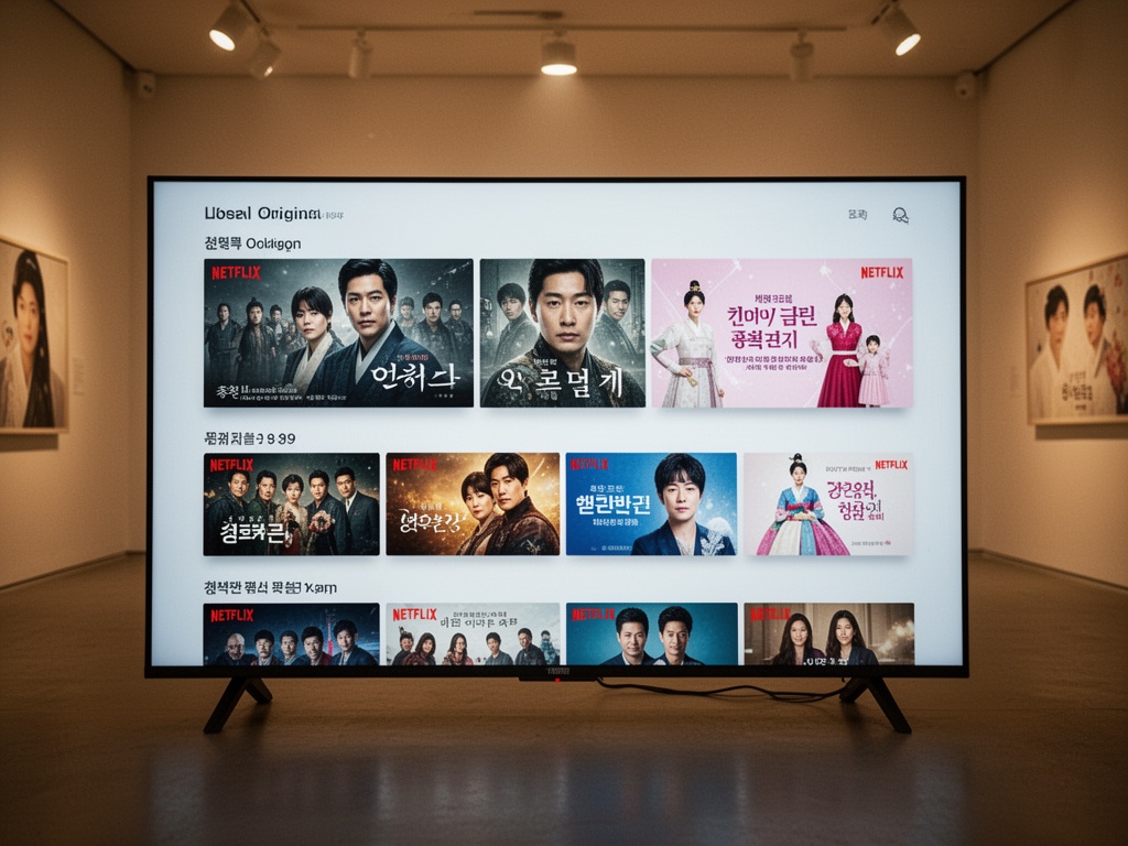 Netflix interface displaying multiple Korean original series thumbnails alongside duty-free shop campaign visuals on a bright screen.