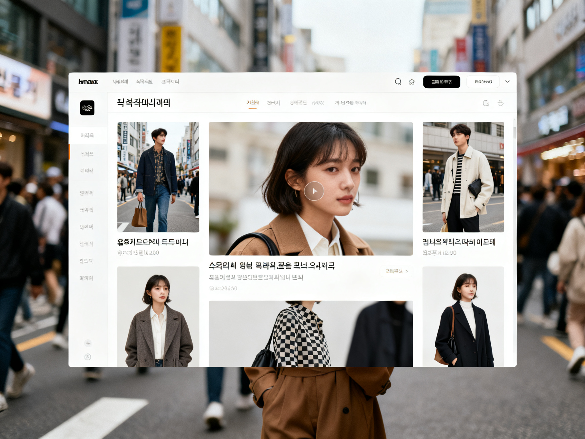 Crowded Korean fashion platform interface showing product grid layout with standard image banners.