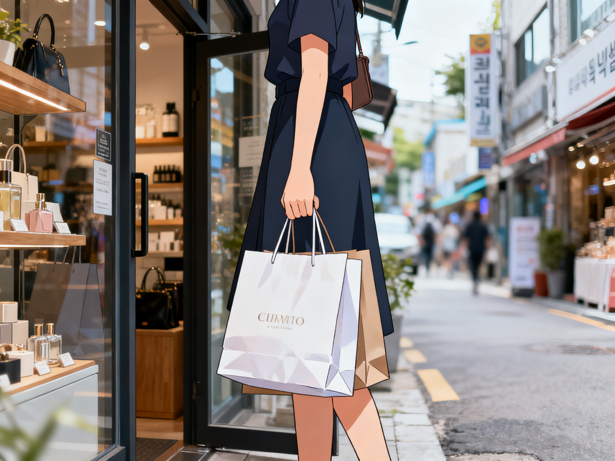 Young shopper holding shopping bags exiting a specialty boutique on a busy Seoul neighborhood street.