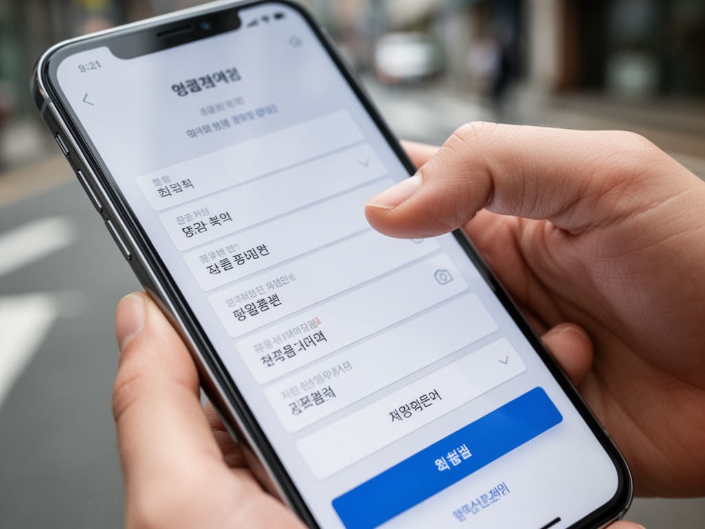 User's hand hovering over onboarding form with excessive input fields on a Korean mobile app signup screen.