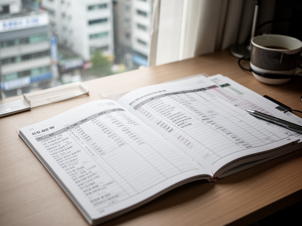 Seoul apartment interior with notebook tracking monthly subscription expenses spread across desk surface.