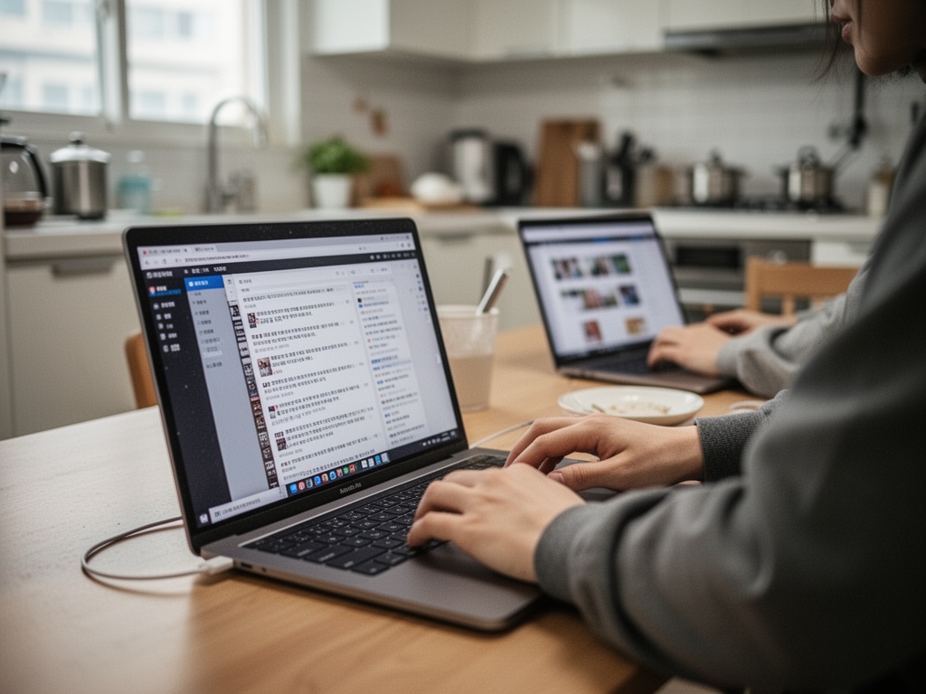Employees working from home on laptops at kitchen tables in Korean apartments.