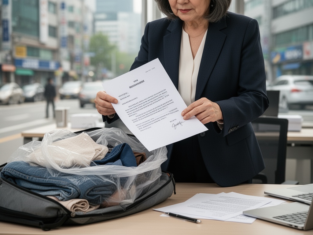 Senior female professional packing belongings at desk, resignation letter in hand.
