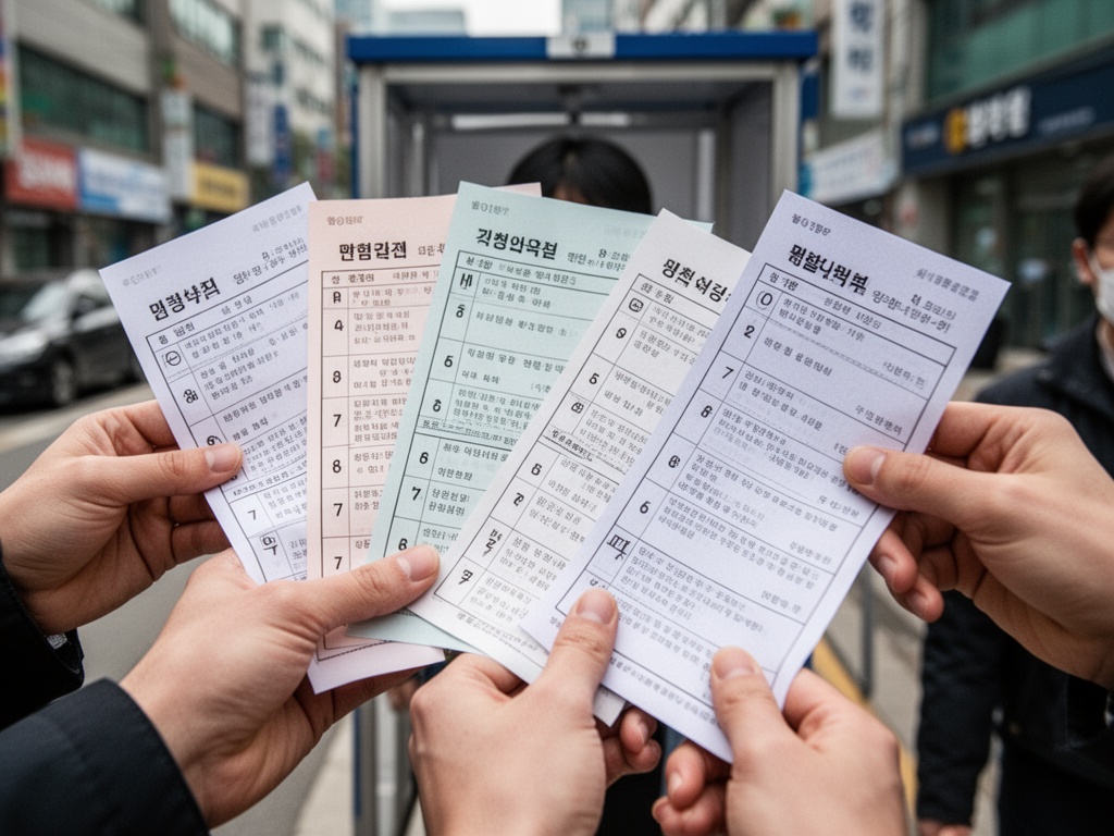 Voters holding seven different ballot papers before entering the booth, showing the scale of local elections
