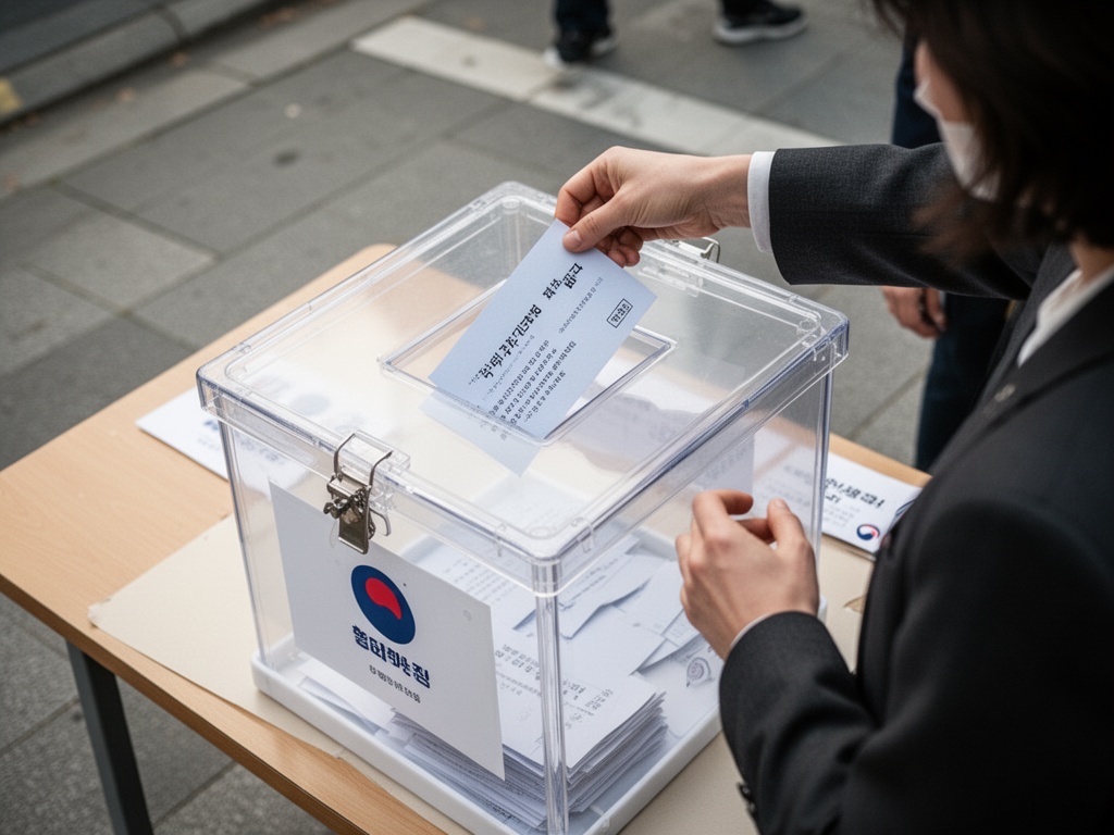 Hand inserting completed ballot into the transparent box at a polling station desk