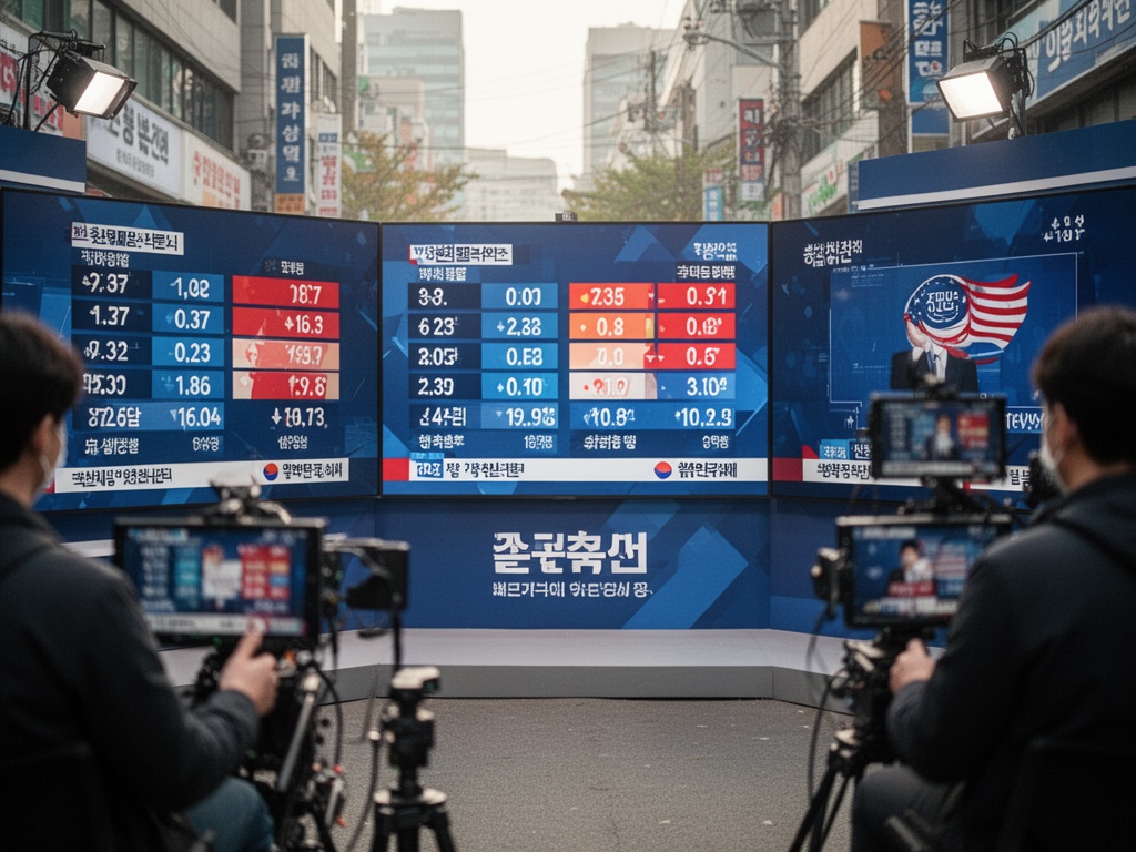 Election night broadcast studio with real-time voting results displayed on large screens and graphics