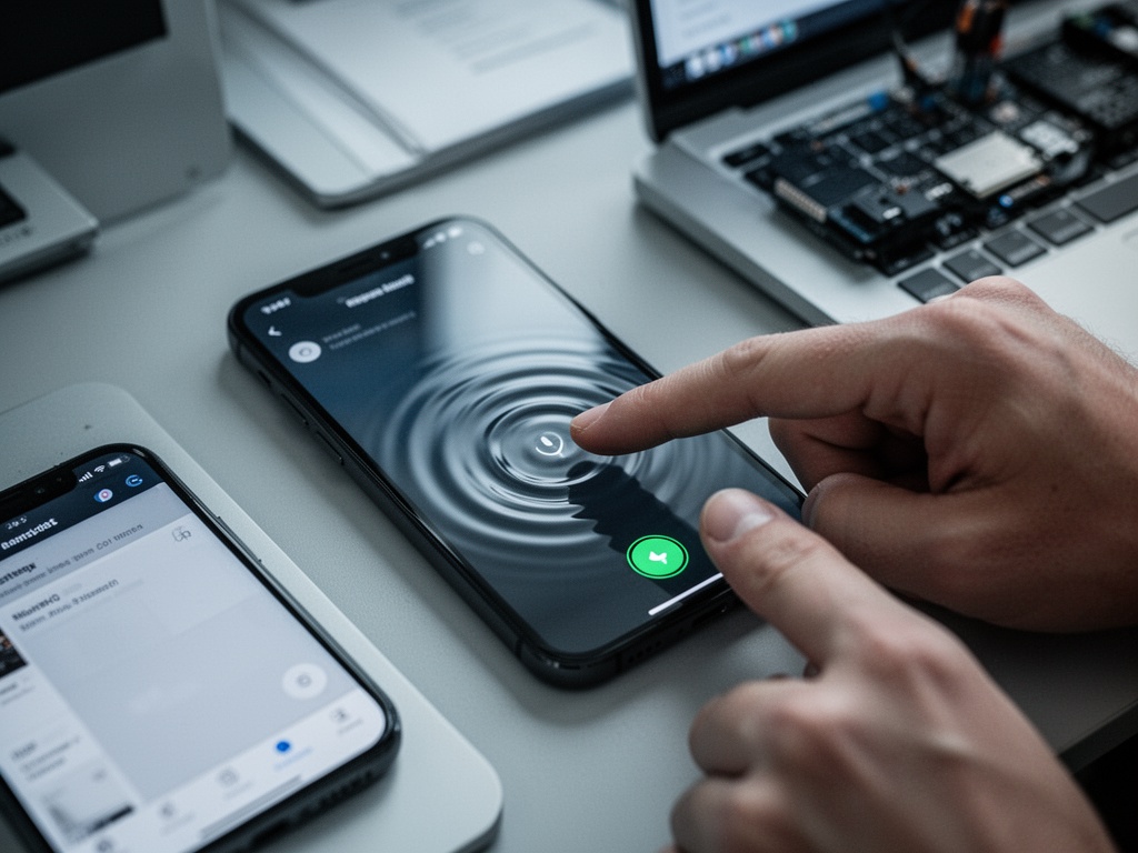 Fingertip touching phone screen shutter button, causing vibration ripples across device surface.