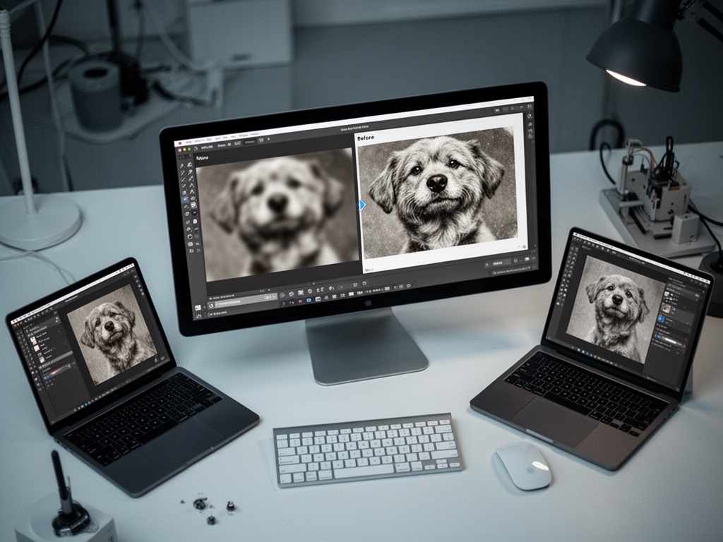Gallery app displaying before-and-after photo comparison—blurred image transformed to sharp detail through AI restoration.