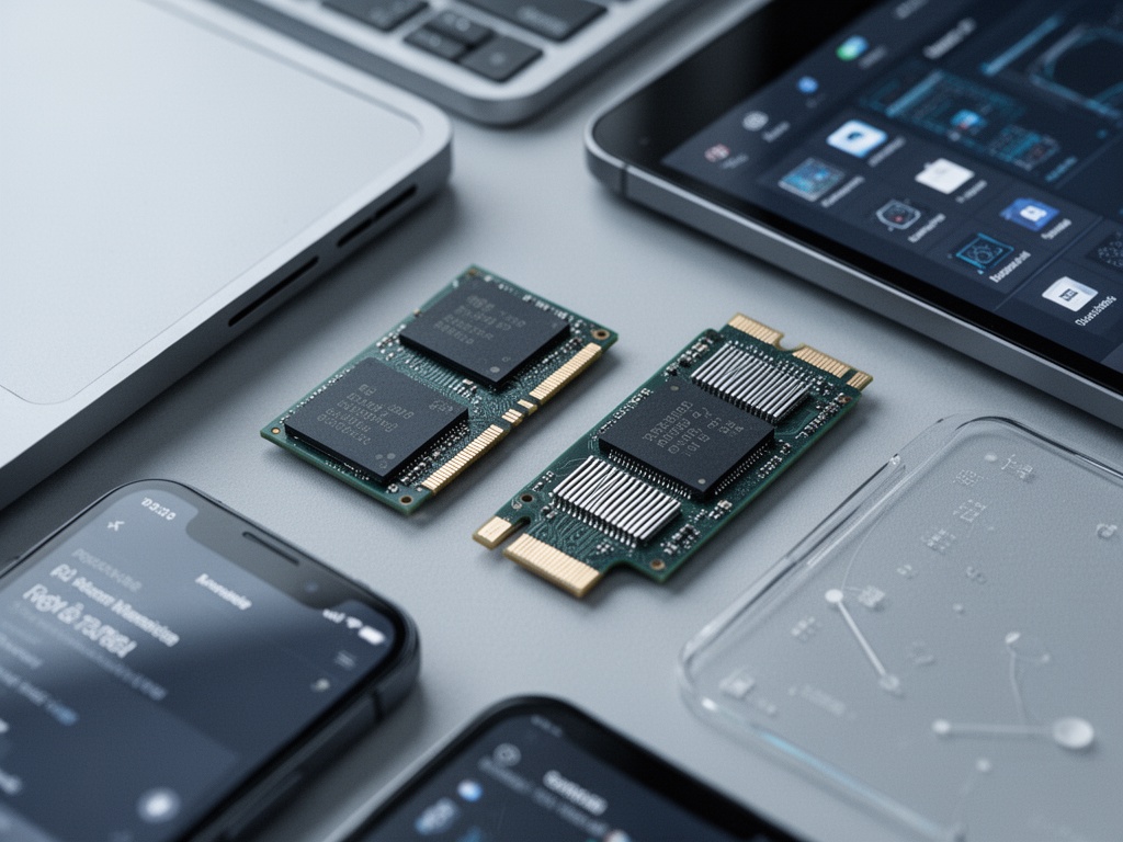Previous generation memory module positioned beside newer chip, showing size and thermal management design differences.