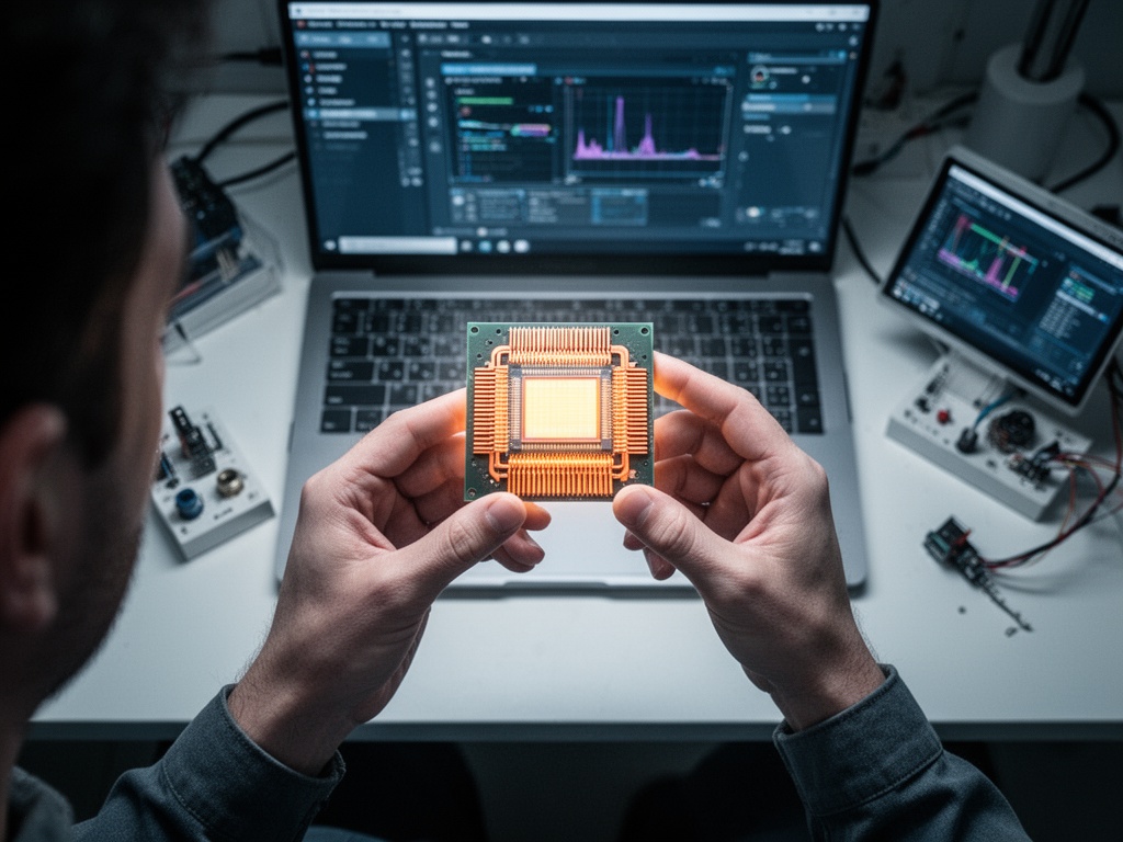 Engineer's hands holding the memory chip under bright lighting, revealing hybrid bonding and heat dissipation architecture details.