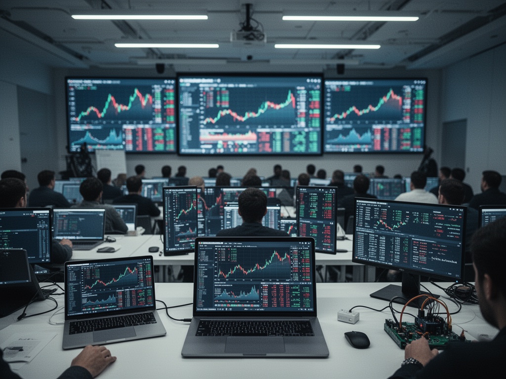 Conference hall crowd and digital market data scrolling on screens reflecting rapid capital market response to semiconductor announcement.