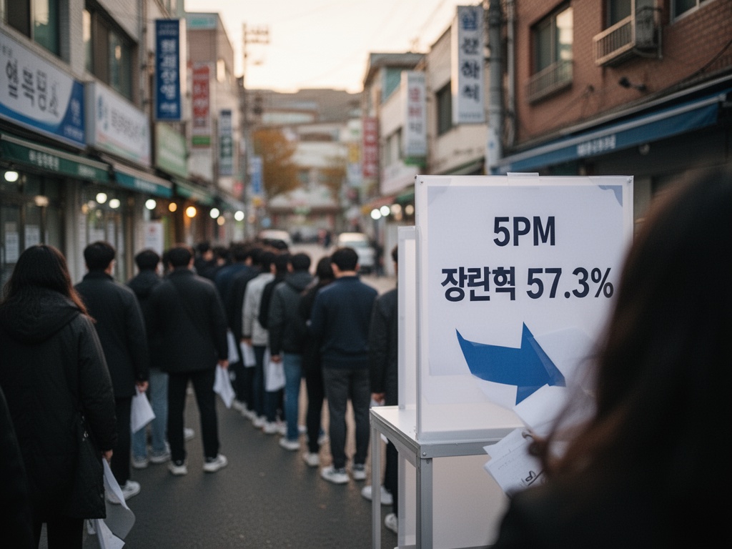 Early evening at 5 PM showing steady voter turnout at 57.3%, lines forming outside polling stations in Korean neighborhoods.