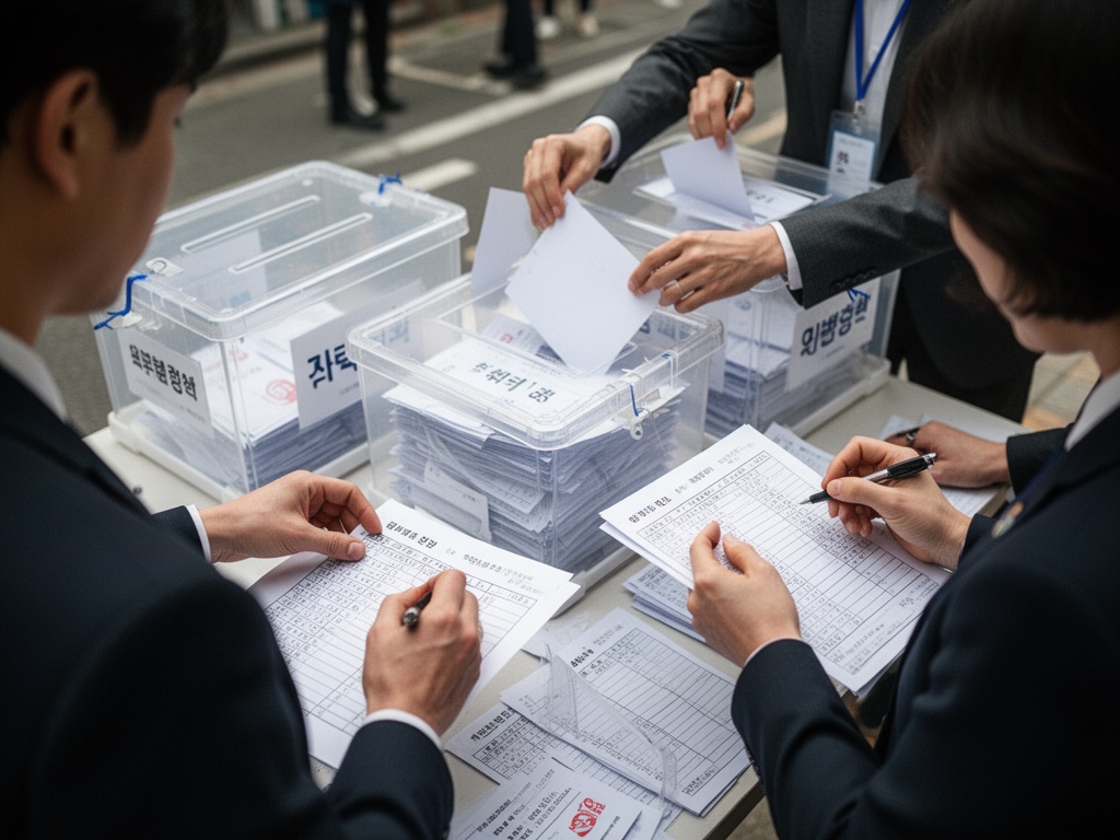 Close-up of ballot boxes being opened and votes counted on the night of the election, officials recording tallies on documents.