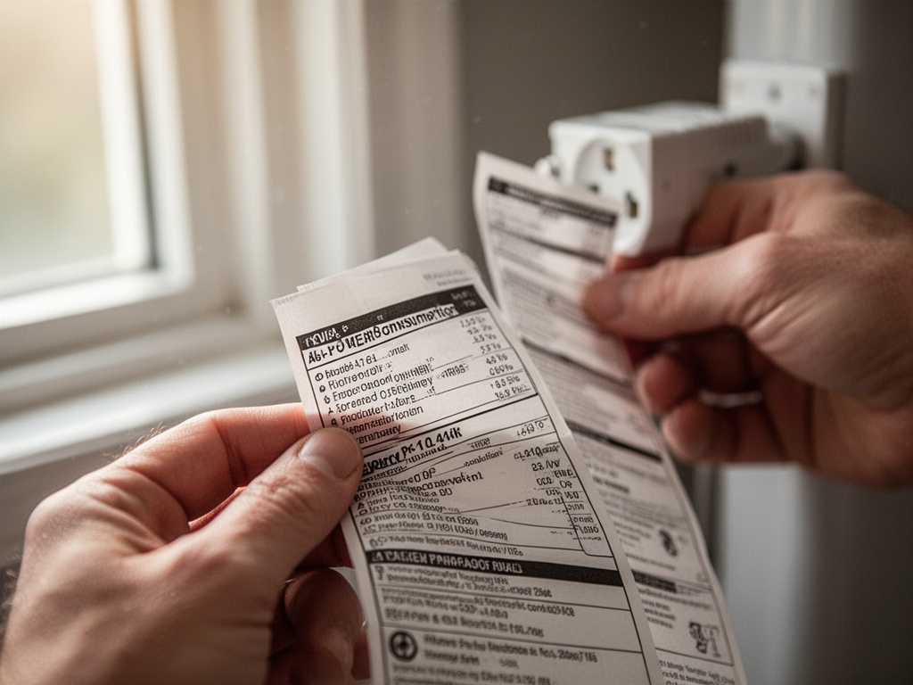 A family member checking AC power consumption specs on an energy label or manual indoors.