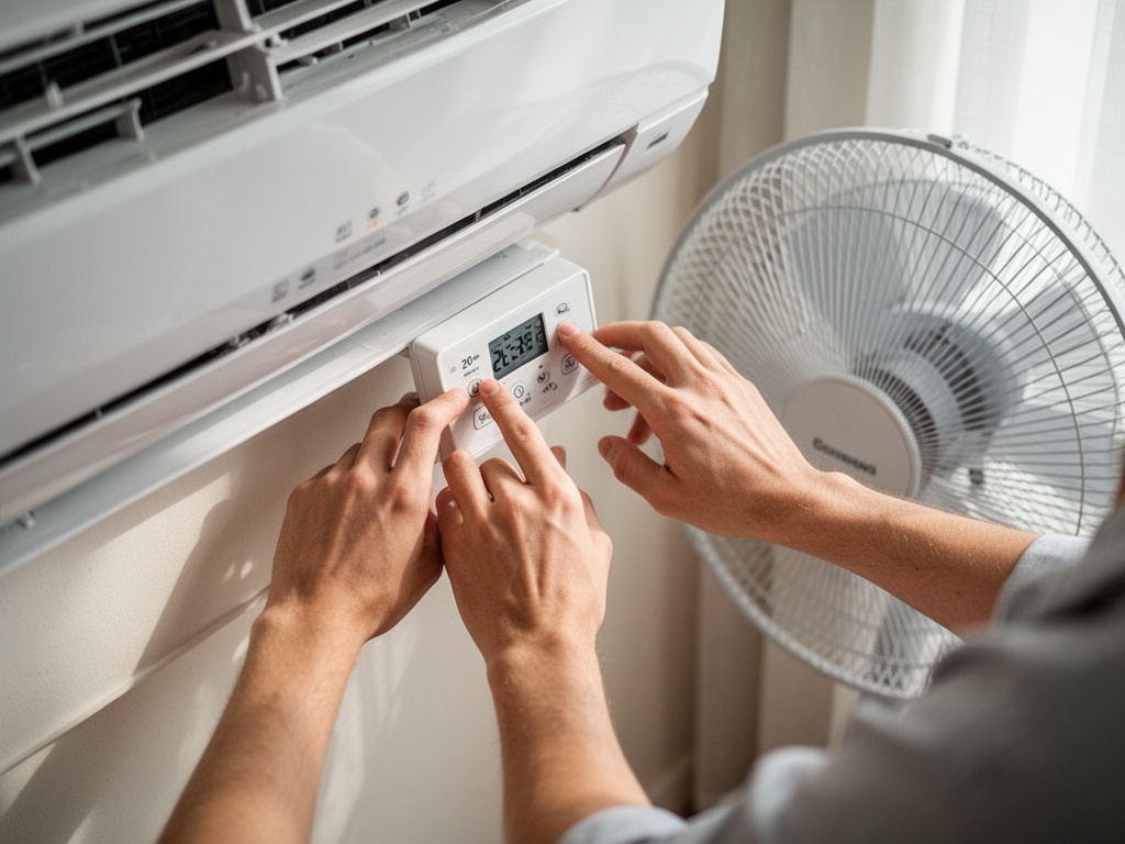 Hands adjusting an air conditioner thermostat to 26-28°C while a fan runs simultaneously nearby.