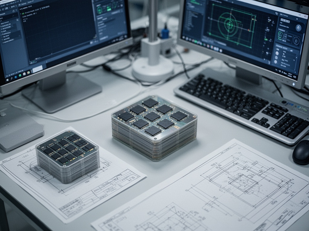 Stacks of memory chip wafers and engineering blueprints on a clean room workstation table.