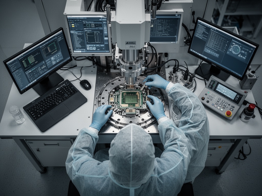 Technician in protective suit installing precision components into a large chipmaking machine.