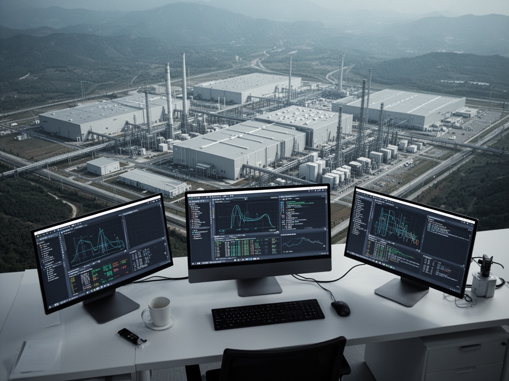 Aerial view of a sprawling megafab complex with multiple production buildings and infrastructure spread across terrain.
