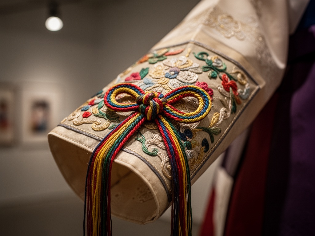 Close-up detail of embroidered silk cuff and decorative knot showing intricate hand-stitching and vibrant dyed threads from the Joseon period.