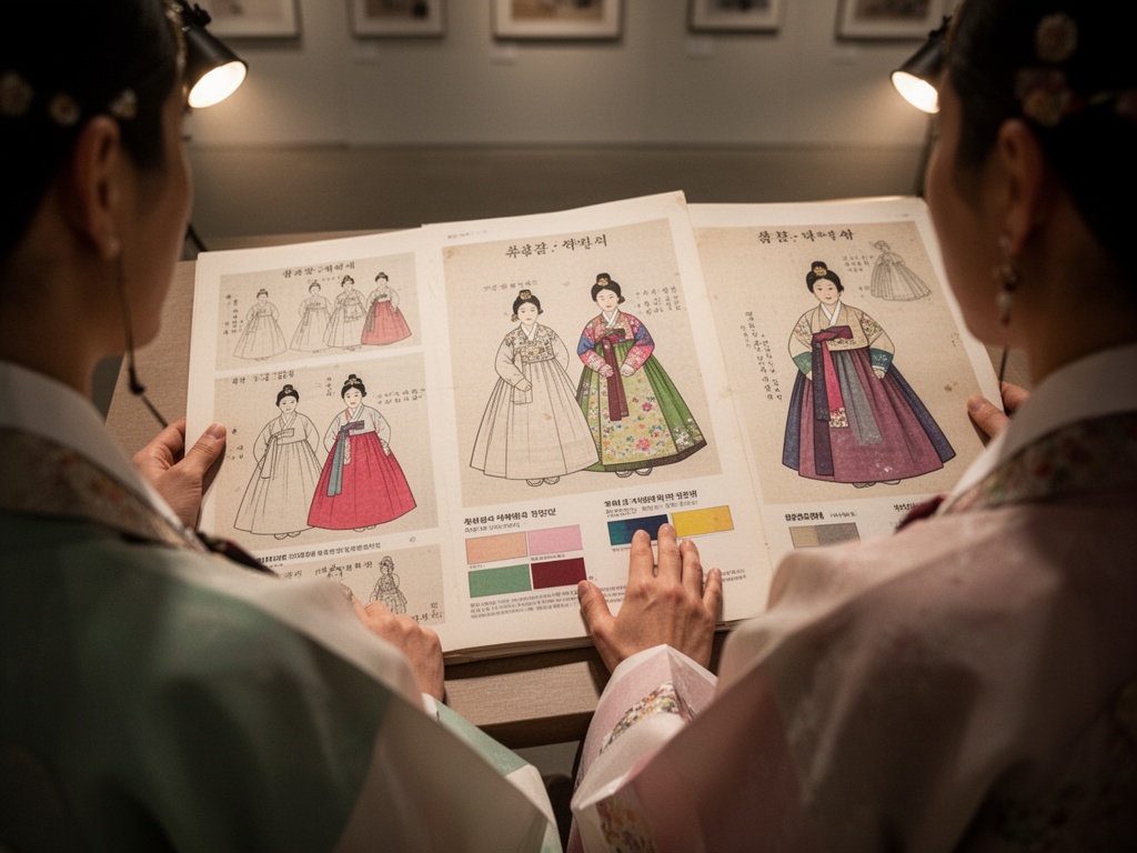 Historical document pages and sketches illustrating color combinations for different life stages—unmarried, newly married, and middle-aged women in traditional dress.