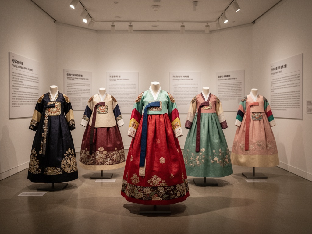 A Korean museum exhibition space with period hanboks displayed on stands, showing the variety of original garments and historical context plaques on white walls.