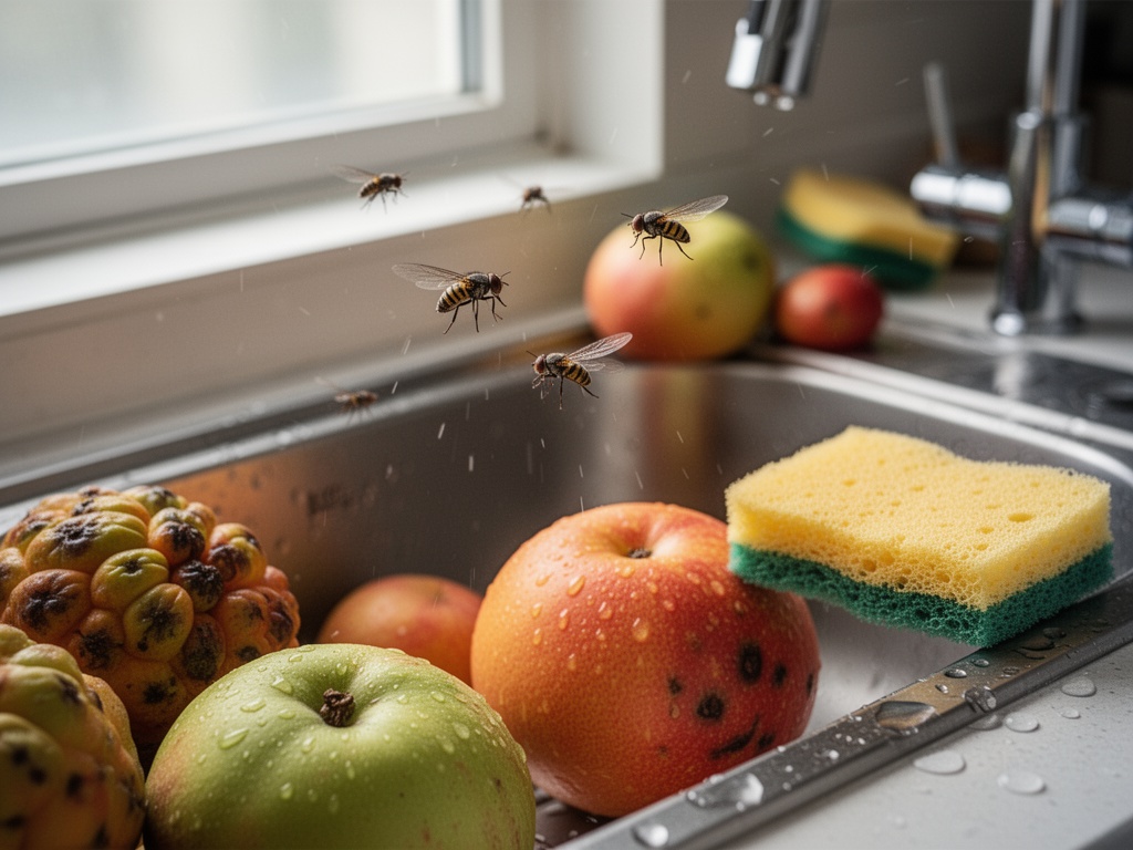 Fruit flies hovering above a Korean kitchen sink surrounded by overripe fruit and wet sponges.