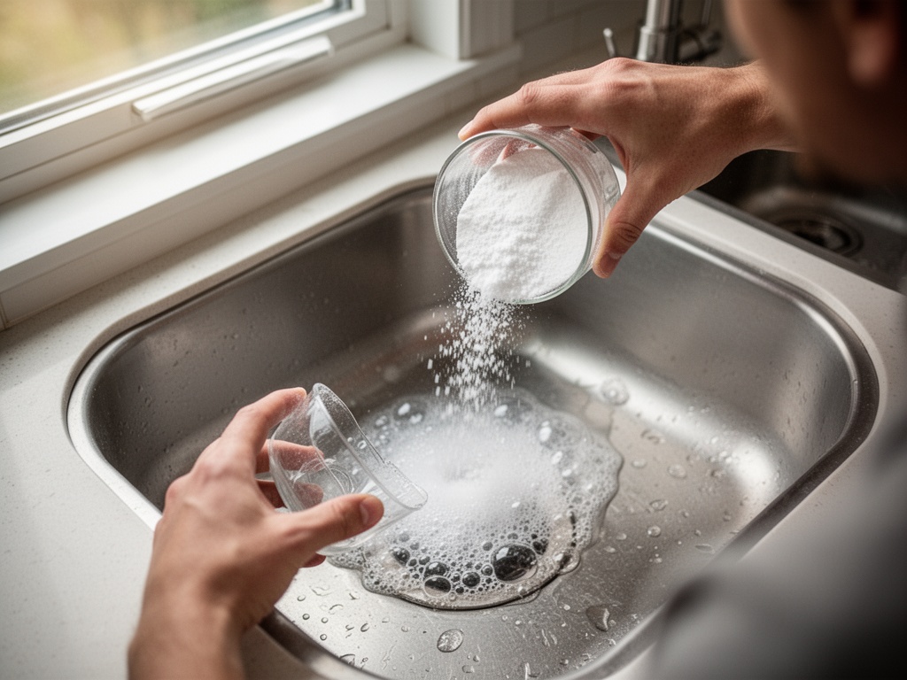 Hands pouring baking soda down a drain, then slowly adding vinegar as it fizzes and bubbles.